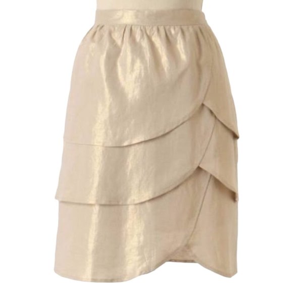 Anthropologie Linen Blend Skirt 6 Edme Esyllte Metallic Scalloped Tulip Gold - Picture 1 of 12